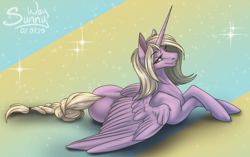 Size: 1200x753 | Tagged: source needed, useless source url, safe, artist:sunny way, oc, oc only, alicorn, pony, bedroom eyes, feather, female, horn, mare, patreon, patreon reward, royal, shiny, smiling, solo, sternocleidomastoid, wings