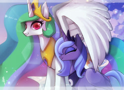 Size: 1500x1100 | Tagged: safe, artist:hosikawa, princess celestia, princess luna, alicorn, pony, g4, cloud, colored pupils, crown, cute, duo, eyes closed, female, jewelry, mare, regalia, royal sisters, s1 luna, siblings, sisters, sky, smiling, spread wings, wing shelter, wings