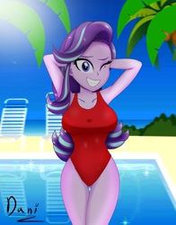 Size: 1609x2048 | Tagged: safe, artist:danielitamlp, starlight glimmer, equestria girls, g4, adorasexy, arm behind head, belly button, breasts, busty starlight glimmer, clothes, cute, female, hands on head, legs together, looking at you, ocean, one eye closed, one-piece swimsuit, red swimsuit, sand, sexy, signature, smiling, solo, summer, swimming pool, swimsuit, tree, underass, wink