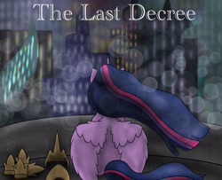 Size: 2681x2173 | Tagged: safe, artist:snow quill, twilight sparkle, alicorn, pony, g4, city, cityscape, clothes, cover art, crown, facing away, future, high res, jewelry, night, regalia, shoes, story in the source, twilight sparkle (alicorn)