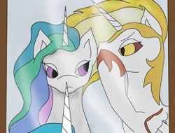 Size: 2366x1802 | Tagged: safe, artist:snow quill, daybreaker, princess celestia, g4, cover art, hoof over mouth, mirror, story in the source, whispering