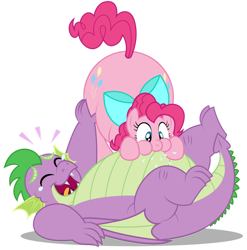 Size: 1280x1295 | Tagged: safe, artist:aleximusprime, pinkie pie, spike, dragon, earth pony, pony, fanfic:cheesy as pie, flurry heart's story, g4, adult, adult spike, belly, blowing, bow, chubby, crying, fanfic art, fat, fat spike, female, laughing, male, mare, older, older spike, onomatopoeia, plump, pudgy pie, raspberry, silly, simple background, tears of laughter, teary eyes, transparent background, tummy buzz, vector, winged spike, wings