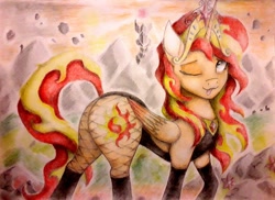 Size: 976x710 | Tagged: safe, artist:omnisimon11, sunset shimmer, alicorn, pony, g4, alicornified, clothes, element of magic, female, fishnet stockings, one eye closed, race swap, shimmercorn, solo, traditional art, wink