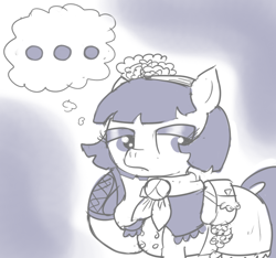 Size: 640x600 | Tagged: safe, artist:ficficponyfic, part of a set, oc, oc only, oc:mulberry telltale, cyoa:madness in mournthread, ..., aside glance, bag, boots, clothes, cyoa, dress, eyeshadow, flower, frills, handkerchief, headband, makeup, monochrome, shawl, shoes, story included, tapping chin, thoughtful look