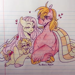 Size: 1017x1017 | Tagged: safe, artist:alexisboyd, big macintosh, fluttershy, oc, earth pony, pegasus, pony, g4, blanket, bow, colored pencil drawing, crossed hooves, cuddling, family, female, filly, floating heart, foal, heart, lined paper, male, mare, offspring, parent:big macintosh, parent:fluttershy, parents:fluttermac, ship:fluttermac, shipping, stallion, straight, tail bow, tongue out, traditional art