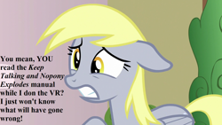 Size: 1280x720 | Tagged: safe, edit, edited screencap, editor:korora, screencap, derpy hooves, pony, g4, triple threat, floppy ears, i just don't know what went wrong, keep talking and nobody explodes, offscreen character, speech, talking
