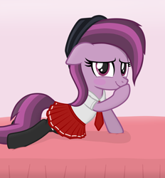 Size: 2652x2862 | Tagged: safe, artist:chomakony, oc, oc only, oc:ruby geminis, earth pony, pony, bed, blushing, clothes, earth pony oc, female, floppy ears, hat, high res, hoof in mouth, looking at you, lying down, mare, on bed, raised hoof, show accurate, shy, simple background, skirt, smiling, socks, solo
