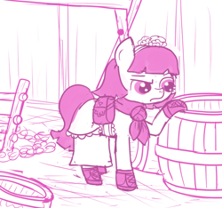 Size: 640x600 | Tagged: safe, artist:ficficponyfic, part of a set, oc, oc only, oc:mulberry telltale, cyoa:madness in mournthread, bag, barrel, boots, clothes, cyoa, dress, flower, frown, handkerchief, headband, hole, ladder, monochrome, raised eyebrow, shoes, story included