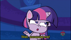 Size: 800x450 | Tagged: safe, screencap, twilight sparkle, alicorn, pony, campfire stories, g4.5, my little pony: pony life, animated, female, gif, hooves on hips, solo, subtitles, text, treehouse logo, twilight sparkle (alicorn), well excuse me princess