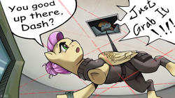 Size: 3840x2160 | Tagged: safe, artist:chopchopguy, part of a set, fluttershy, rainbow dash, pegasus, pony, g4, alternate hairstyle, clothes, high res, laser, mission impossible, speech bubble, thief