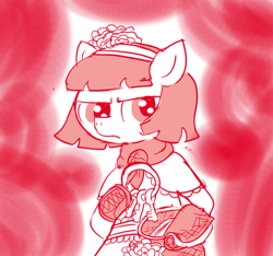Size: 640x600 | Tagged: safe, artist:ficficponyfic, part of a set, oc, oc only, oc:mulberry telltale, cyoa:madness in mournthread, aside glance, boots, clothes, cyoa, dress, flower, frills, frown, headband, key, monochrome, neckerchief, open bag, shoes, story included, suspicious