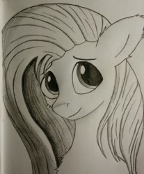 Size: 1024x1235 | Tagged: safe, artist:dandereshy, fluttershy, pegasus, pony, g4, bust, chest fluff, cute, ear fluff, female, looking at you, monochrome, pencil drawing, smiling, smiling at you, traditional art