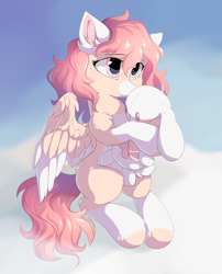 Size: 2500x3100 | Tagged: safe, artist:dreamweaverpony, oc, oc only, oc:linen, pegasus, pony, rabbit, g4, beautiful, blank flank, bunny plushie, cloud, coat markings, colored wings, commission, curly hair, cute, diabetes, facial markings, female, fluffy, high res, hug, huggable, hugging a plushie, mare, multicolored coat, ocbetes, on a cloud, pink coat, pink hair, plushie, pretty, pretty eyes, sitting, sitting on a cloud, sky, snip (coat marking), socks (coat markings), solo, teenager, two toned wings, wings