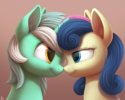 Size: 2500x2000 | Tagged: safe, artist:luminousdazzle, bon bon, lyra heartstrings, sweetie drops, earth pony, pony, unicorn, g4, digital art, eye contact, female, high res, lesbian, looking at each other, mare, ship:lyrabon, shipping, smiling