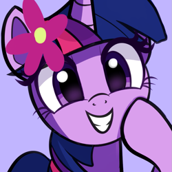 Size: 879x879 | Tagged: safe, artist:cyanlightning, artist:sadtrooper, twilight sparkle, pony, bust, cute, female, flower, flower in hair, hoof on cheek, looking at you, mare, portrait, purple background, simple background, smiling, solo, twiabetes