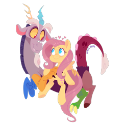 Size: 2600x2657 | Tagged: safe, artist:waackery, discord, fluttershy, draconequus, pegasus, pony, g4, cute, digital art, discute, female, heart, high res, male, mare, ship:discoshy, shipping, shyabetes, simple background, straight, transparent background