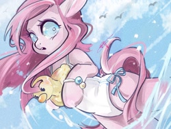 Size: 2000x1500 | Tagged: safe, artist:amo, pinkie pie, earth pony, pony, g4, beach, bipedal, clothes, cute, cuteamena, legs in the water, looking back, one-piece swimsuit, pinkamena diane pie, rubber duck, shrunken pupils, solo, standing in water, swimsuit, white swimsuit
