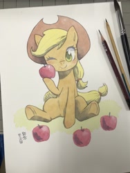 Size: 1536x2048 | Tagged: safe, artist:yanamosuda, applejack, earth pony, pony, g4, apple, cowboy hat, cute, female, food, hat, hoof hold, jackabetes, looking at you, mare, one eye closed, solo, traditional art, underhoof, watercolor painting