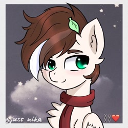Size: 1080x1080 | Tagged: dead source, safe, artist:just_nika__, oc, oc only, pegasus, pony, bust, chest fluff, clothes, ear fluff, pegasus oc, scarf, smiling, solo, wings