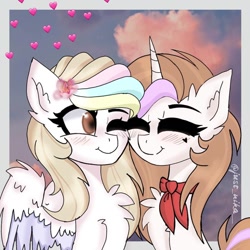 Size: 1080x1080 | Tagged: dead source, safe, artist:just_nika__, oc, oc only, pegasus, pony, unicorn, blushing, bust, chest fluff, cloud, duo, ear fluff, eyes closed, flower, flower in hair, heart, horn, one eye closed, pegasus oc, smiling, unicorn oc, wings, wink