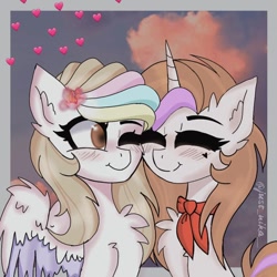Size: 1080x1080 | Tagged: dead source, safe, alternate version, artist:just_nika__, oc, oc only, pegasus, pony, unicorn, blushing, bust, chest fluff, cloud, duo, ear fluff, eyes closed, flower, flower in hair, heart, horn, one eye closed, pegasus oc, smiling, unicorn oc, wings, wink