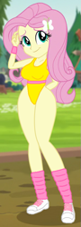 Size: 295x818 | Tagged: safe, artist:wolf, edit, edited edit, edited screencap, screencap, fluttershy, equestria girls, g4, my little pony equestria girls: legend of everfree, 80s, breasts, busty fluttershy, clothes, curvy, hairpin, high-cut clothing, hourglass figure, leg warmers, leotard, shoes, sneakers, wide hips, workout outfit, wristband