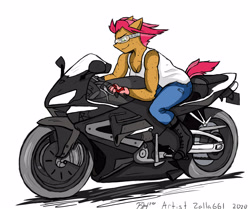 Size: 3308x2772 | Tagged: safe, artist:zalla661, babs seed, earth pony, anthro, g4, arm freckles, body freckles, boots, clothes, digital art, female, freckles, gloves, goggles, high res, motorcycle, muscles, muscular female, shoes, short hair, simple background, smiling, solo, tank top, vehicle, white background