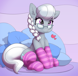 Size: 2708x2641 | Tagged: safe, artist:pabbley, silver spoon, earth pony, pony, clothes, cute, cutie mark, female, filly, glasses, heart, pillow, silverbetes, socks, solo, striped socks