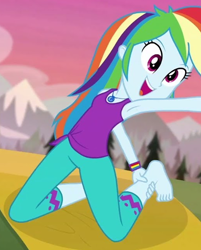 Size: 518x644 | Tagged: safe, screencap, rainbow dash, equestria girls, g4, my little pony equestria girls: better together, wake up!, wake up!: rainbow dash, armpits, barefoot, clothes, feet, female, inverse badger, shirt, sleeveless, sleeveless shirt, stretch, stretching, yoga