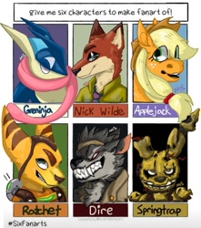 Size: 1080x1222 | Tagged: safe, artist:mangosmoothee, applejack, earth pony, fox, greninja, pony, anthro, g4, animatronic, anthro with ponies, bust, clothes, crossover, dire, fortnite, freckles, grin, hat, male, nick wilde, open mouth, pokémon, ratchet, ratchet and clank, sharp teeth, six fanarts, smiling, springtrap, teeth, tongue out, zootopia