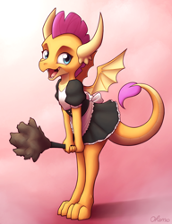 Size: 3000x3900 | Tagged: safe, artist:ohemo, smolder, dragon, g4, abstract background, clothes, cute, dragoness, duster, female, happy, high res, maid, open mouth, outfit, smolder also dresses in style, smolderbetes, solo