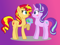 Size: 1060x800 | Tagged: safe, artist:jadeharmony, artist:mixelfangirl100, starlight glimmer, sunset shimmer, pony, unicorn, g4, base used, blushing, bouquet, female, flower, gradient background, lesbian, looking at each other, mare, raised hoof, ship:shimmerglimmer, shipping