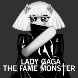 Size: 1500x1500 | Tagged: safe, artist:aldobronyjdc, earth pony, pony, album, album cover, clothes, covering mouth, digital art, female, illustration, lady gaga, looking at you, ponified, simple background, solo, text, the fame monster