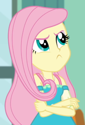Size: 632x925 | Tagged: safe, screencap, fluttershy, a little birdie told me, equestria girls, g4, my little pony equestria girls: better together, angry, crossed arms, female, geode of fauna, implied rainbow dash, magical geodes, peeved, solo