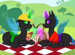 Size: 500x363 | Tagged: safe, oc, changeling, basket, female, green changeling, hard hat, magic, male, oc x oc, picnic, picnic basket, picnic blanket, purple changeling, shipping, straight
