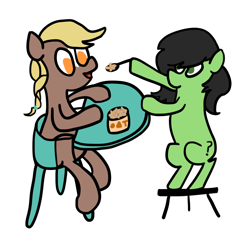 Size: 1416x1412 | Tagged: safe, artist:wren, oc, oc:filly anon, chair, eating, feeding, female, filly, food, hairband, herbivore, highchair, jar, oats, simple background, sitting, stool, transparent background, tray, verity