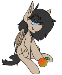 Size: 449x539 | Tagged: safe, artist:kirbirb, oc, oc only, bat pony, pony, animated, colored sclera, confused, female, food, mango, mare, poking, solo