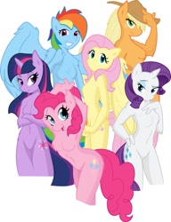 Size: 788x1024 | Tagged: safe, artist:fehlung, applejack, fluttershy, pinkie pie, rainbow dash, rarity, twilight sparkle, earth pony, pegasus, unicorn, anthro, g4, arm behind head, barbie doll anatomy, breasts, cowboy hat, crossed arms, cutie mark, digital art, feather, featureless breasts, featureless crotch, female, fluffy, fur, group, hand on hip, hat, horn, looking at you, mane six, open mouth, pose, simple background, smiling, unicorn twilight, wings