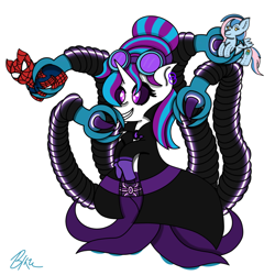 Size: 2048x2048 | Tagged: safe, artist:blazep0ny, oc, oc:chrysocolla dawn, oc:flare, monster pony, octopony, original species, pony, spiderpony, unicorn, cute, doctor flaretapus, doctor octopus, evil smile, grin, high res, marvel, plushie, robotic arm, smiling, tentacles