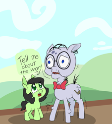 Size: 1000x1106 | Tagged: safe, artist:happy harvey, mr. waddle, oc, oc:filly anon, earth pony, pony, g4, bald, blank flank, bowtie, cloud, colored pupils, cutie mark, elderly, female, filly, flashback, frown, glasses, hill, looking up, male, phone drawing, ptsd, shaking, smiling, stallion, thousand yard stare, war flashbacks
