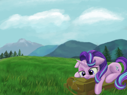 Size: 4000x3000 | Tagged: safe, artist:flusanix, starlight glimmer, pony, unicorn, g4, bag, female, high res, hiking, lying down, mountain, solo