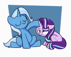 Size: 560x448 | Tagged: safe, artist:sugar morning, starlight glimmer, trixie, pony, unicorn, g4, abstract background, animated, cute, duo, eyes closed, female, frame by frame, gif, head pat, pat, patting, petting, starlight glimmer is not amused, sugar morning is trying to murder us, unamused