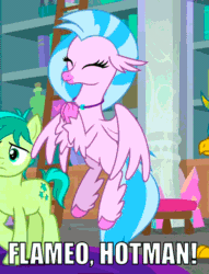 Size: 530x692 | Tagged: safe, edit, edited screencap, screencap, gallus, sandbar, silverstream, classical hippogriff, griffon, hippogriff, pony, g4, school raze, aang, animated, avatar silverstream, avatar the last airbender, caption, clapping, colored hooves, cropped, cute, diastreamies, female, flying, gif, image macro, loop, male, meme, text