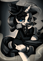 Size: 1200x1700 | Tagged: safe, artist:oofycolorful, rarity, pony, unicorn, g4, cigarette, clothes, commission, detective rarity, female, glass, looking at you, mare, monochrome, neo noir, partial color, shadow spade, sitting, smoking, solo, table, wine glass