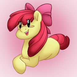 Size: 2500x2500 | Tagged: safe, artist:lionbun, apple bloom, earth pony, pony, g4, adorabloom, beady eyes, blush sticker, blushing, chibi, cute, female, filly, high res, open mouth, prone, solo
