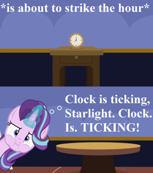 Size: 1244x1402 | Tagged: safe, artist:agrol, edit, starlight glimmer, headmare of the school, g4, clock, clock is ticking, text, thinking, uh oh