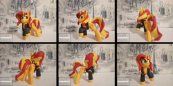 Size: 1280x638 | Tagged: safe, artist:gifbufguf, sunset shimmer, pony, unicorn, g4, clothes, craft, female, figurine, irl, jacket, mare, photo, sculpture, solo, traditional art