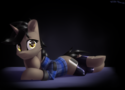 Size: 2800x2000 | Tagged: safe, artist:shido-tara, oc, oc only, oc:ivy, clothes, gift art, high res, hockless socks, hoofless socks, looking at you, lying down, simple background, smiling