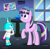 Size: 2455x2407 | Tagged: safe, artist:gradiusfanatic, starlight glimmer, trixie, oc, oc:bx-8, pony, robot, unicorn, g4, harvesting memories, my little pony: friendship is forever, alternate hairstyle, comb, female, high res, looking up, male, raised hoof, starlight sparkle