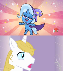 Size: 1280x1440 | Tagged: safe, edit, edited screencap, screencap, prince blueblood, trixie, pony, unicorn, friendship gems, g4, g4.5, my little pony: pony life, aroused, bipedal, cape, clothes, female, hat, male, mare, open mouth, ship:bluetrix, shipping, shipping domino, stars, straight, surprised blueblood, treehouse logo
